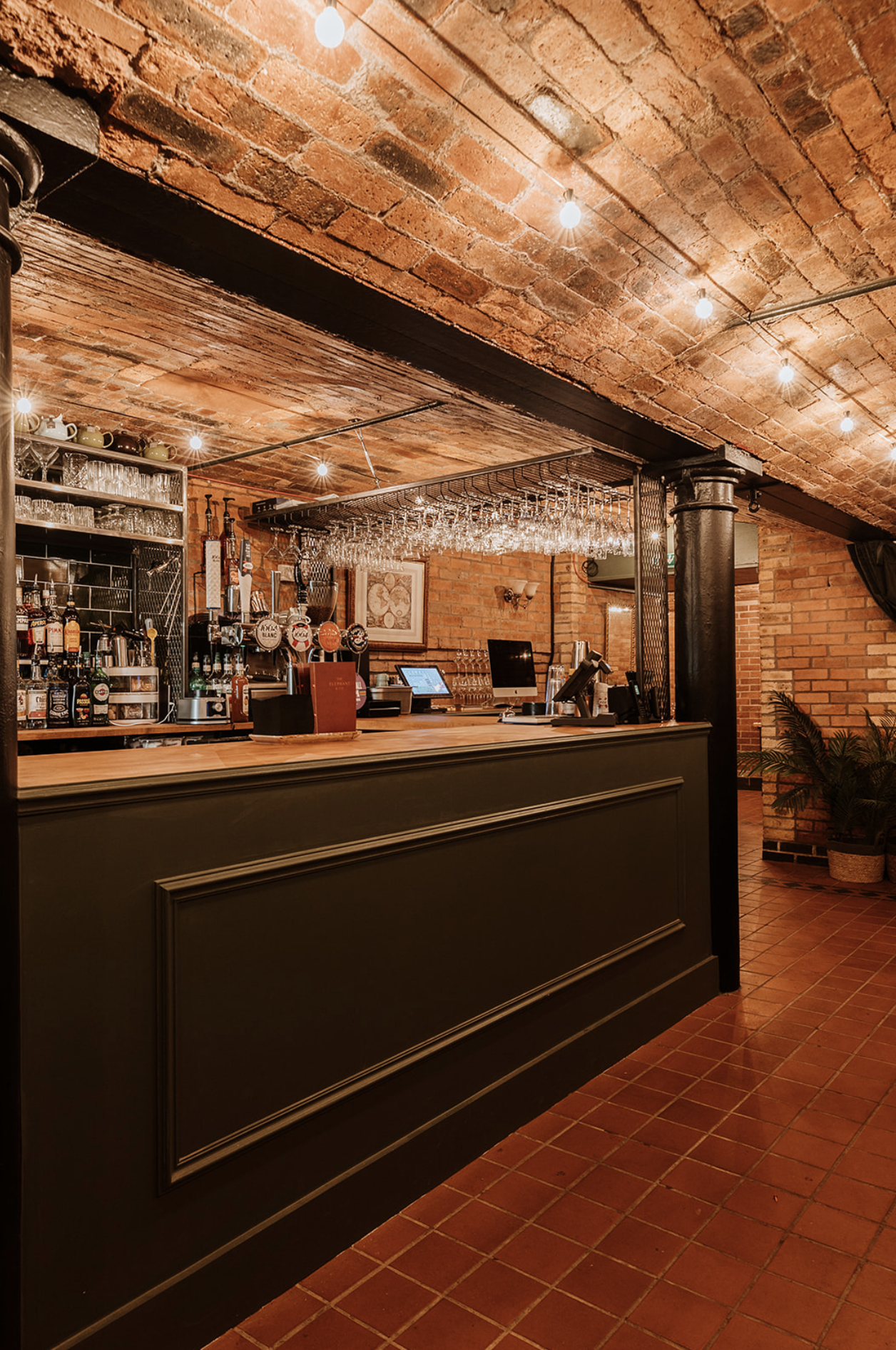 The Elephant Underground bar with green panelled counter and hanging glass rack