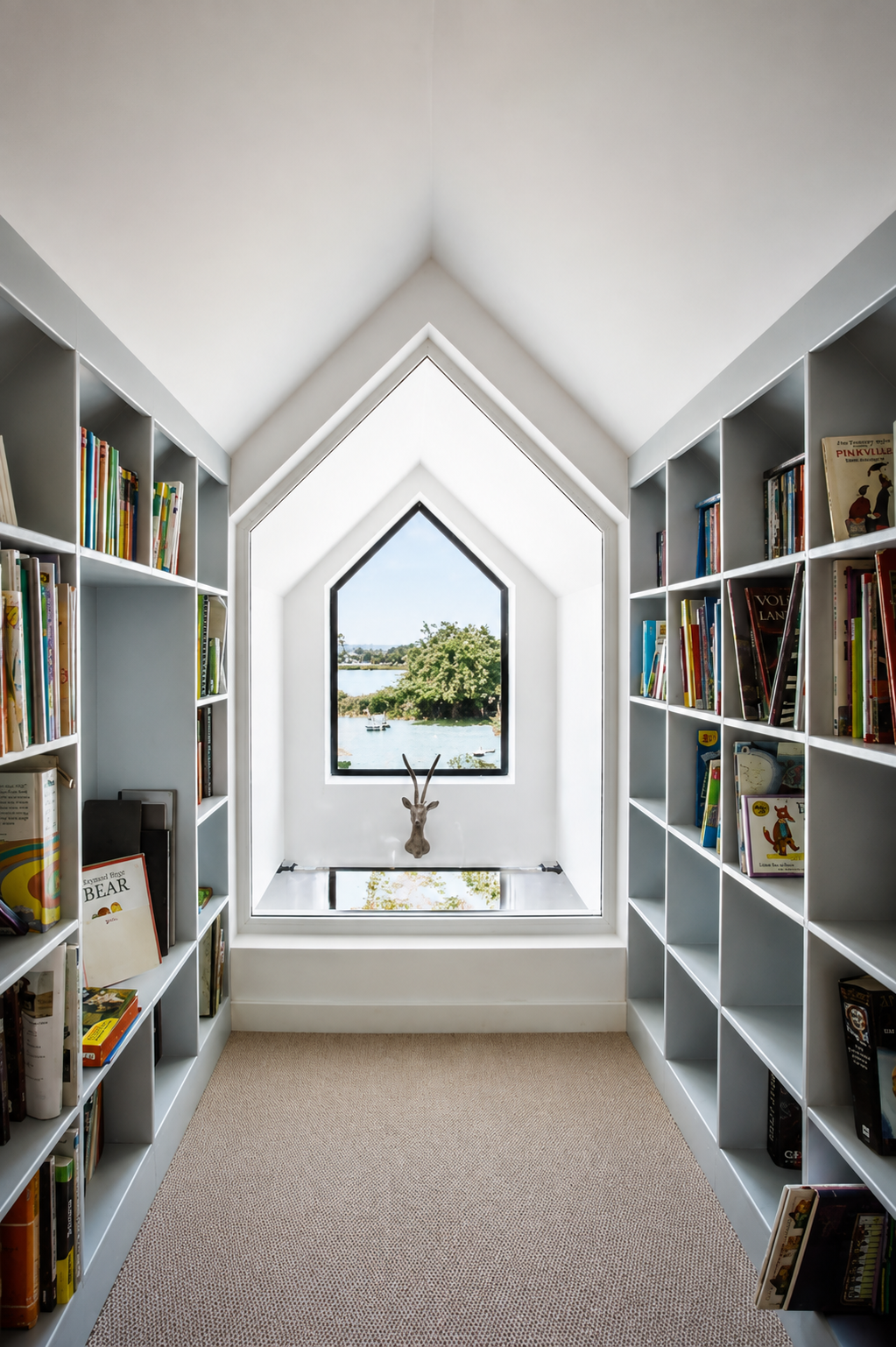Mount Pleasant: a vaulted landing library with a house-shaped gable window
