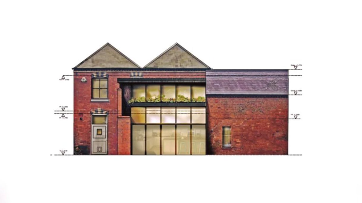 Proposed rear elevation for Oakleigh House showing a glazed link and zinc-clad upper storey between retained Victorian brick gables